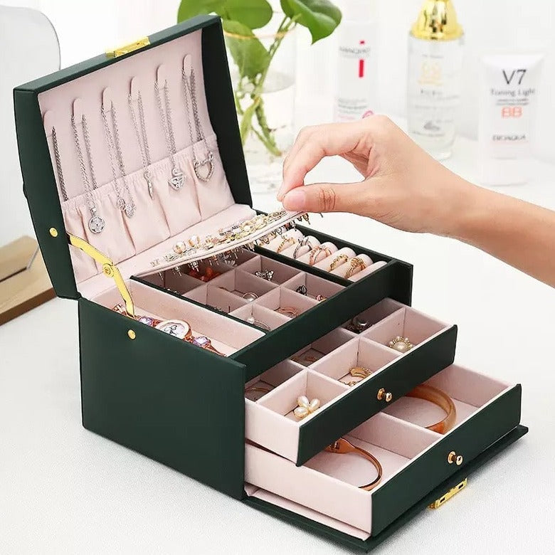 Multifunctional leather jewelry box with three levels, drawers, earrings, lock - OrnaBox™