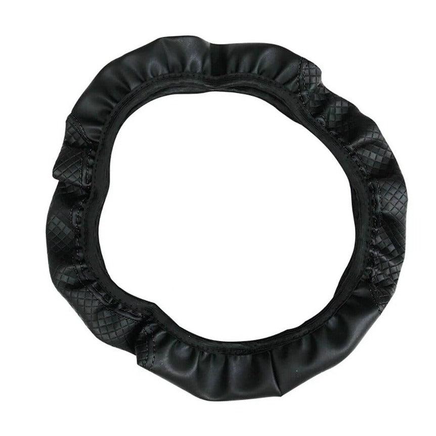 Black leather steering wheel cover, double elastic band - CarStyle™