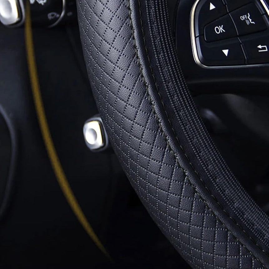 Black leather steering wheel cover, double elastic band - CarStyle™