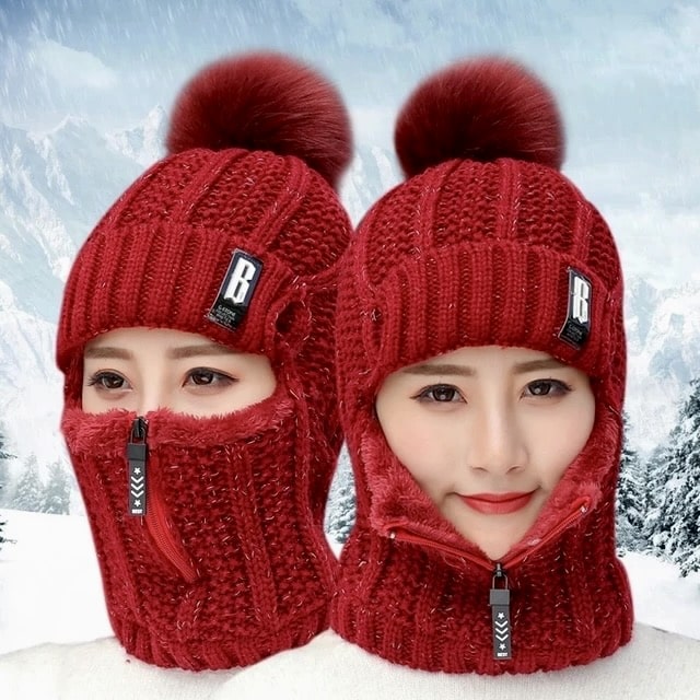 Women's ski hat in knitted wool with integrated scarf - HatScarf™