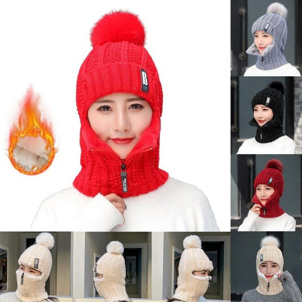 Women's ski hat in knitted wool with integrated scarf - HatScarf™