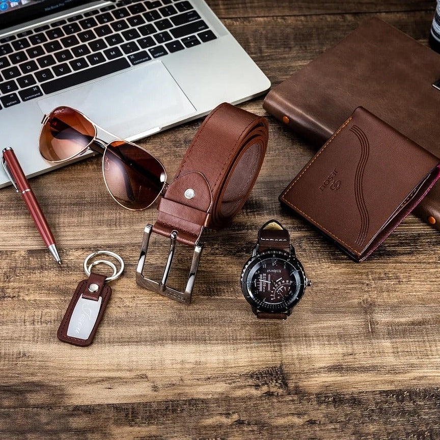 Ensemble 6 en 1 pour hommes, montre, lunettes, stylo, porte-clés, ceinture, sac à main, cadeau d'entreprise de luxe, bienvenue, vacances, anniversaire - EliteSet™