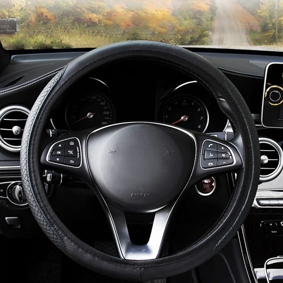 Black leather steering wheel cover, double elastic band - CarStyle™