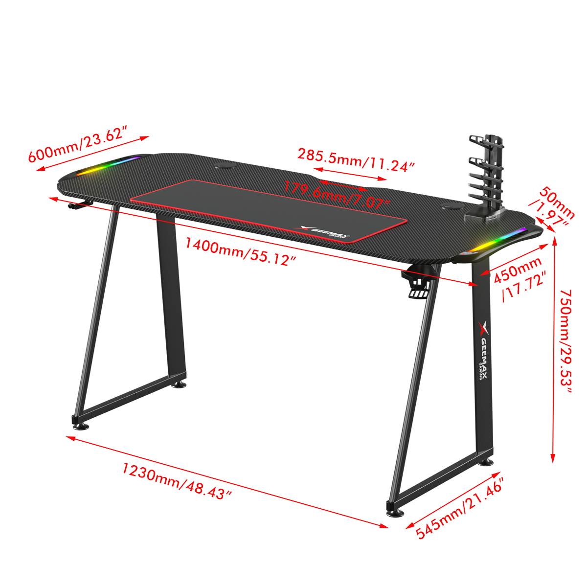 Bureau de Gaming avec chargeur USB, contrôleur RGB et tapis - Geemax™