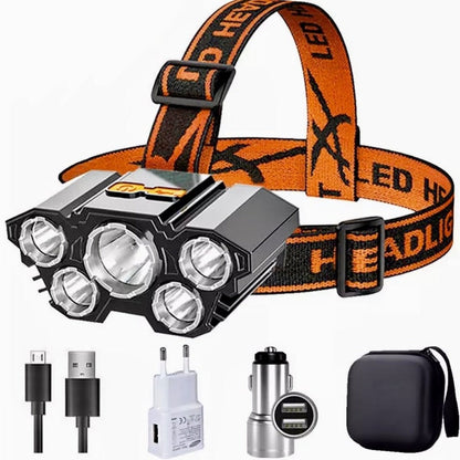 Portable 5-LED headlamp, USB rechargeable, built-in battery - HeadLamp™