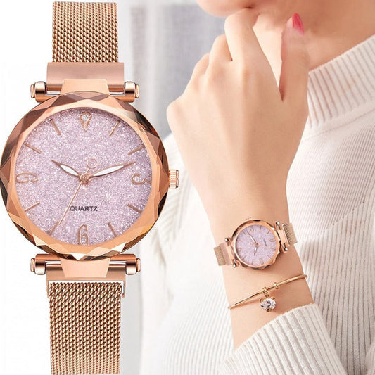 Quartz luxury watch with glass dial for women, rose gold mesh - StyleWatch™
