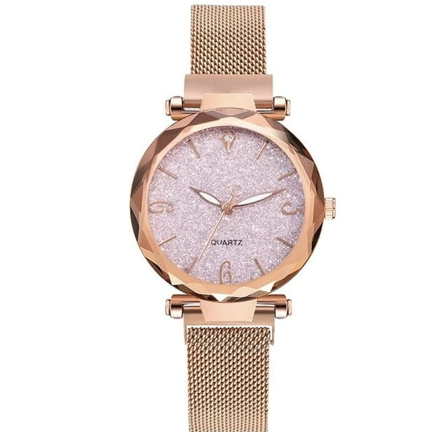 Quartz luxury watch with glass dial for women, rose gold mesh - StyleWatch™