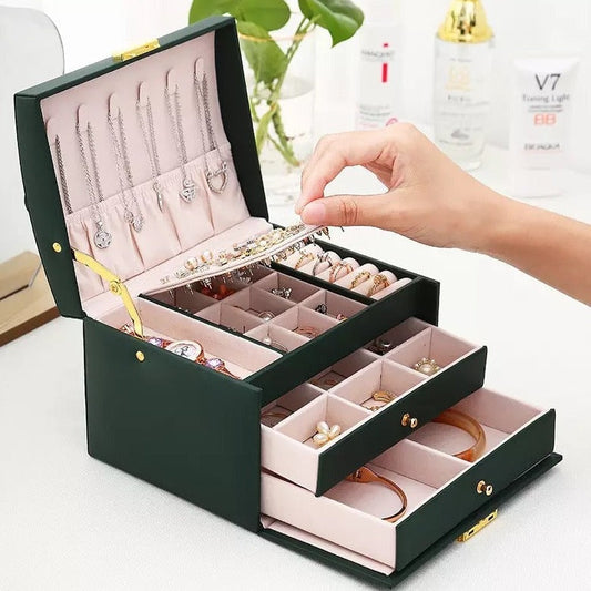 Multifunctional leather jewelry box with three levels, drawers, earrings, lock - OrnaBox™