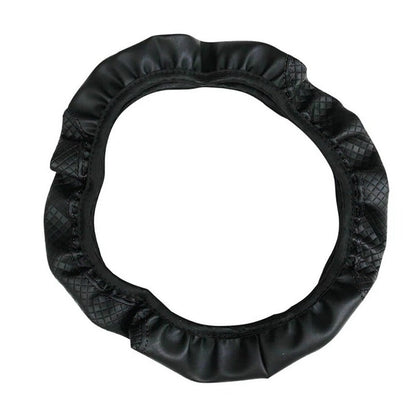 Black leather steering wheel cover, double elastic band - CarStyle™
