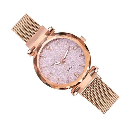 Quartz luxury watch with glass dial for women, rose gold mesh - StyleWatch™