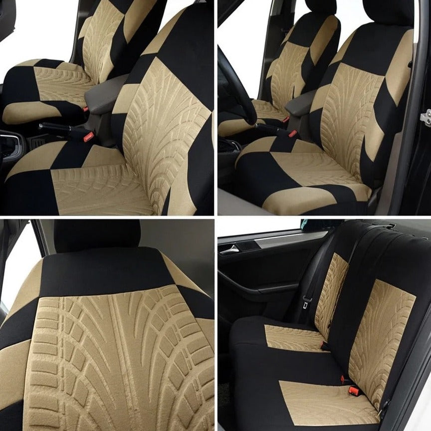 Set of embroidered car seat covers, universal seat cover for most cars, with tire track motifs - GripCover™