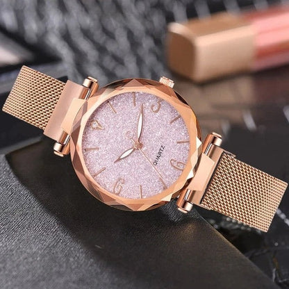 Quartz luxury watch with glass dial for women, rose gold mesh - StyleWatch™