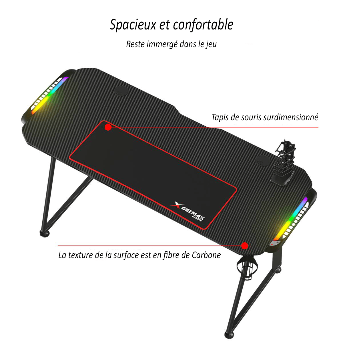 Bureau de Gaming avec chargeur USB, contrôleur RGB et tapis - Geemax™