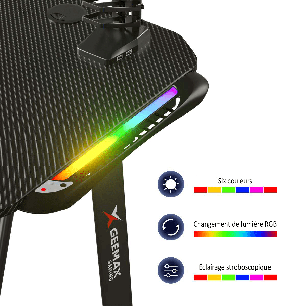 Bureau de Gaming avec chargeur USB, contrôleur RGB et tapis - Geemax™