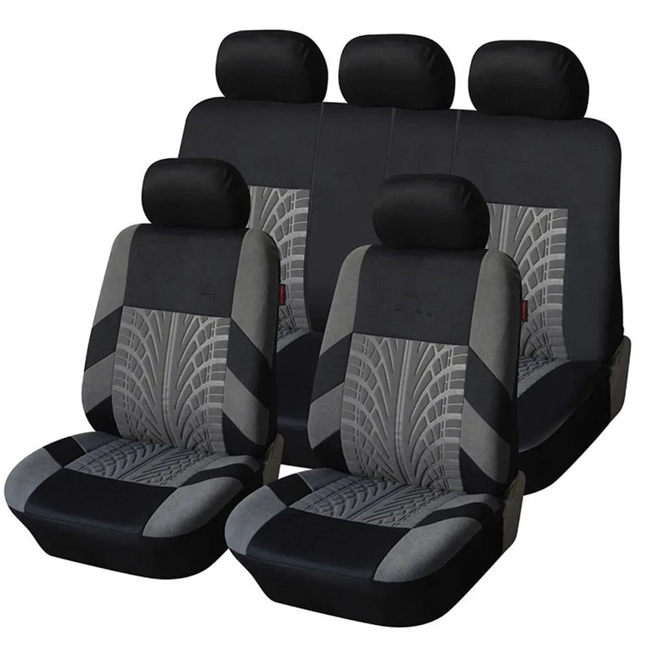 Set of embroidered car seat covers, universal seat cover for most cars, with tire track motifs - GripCover™