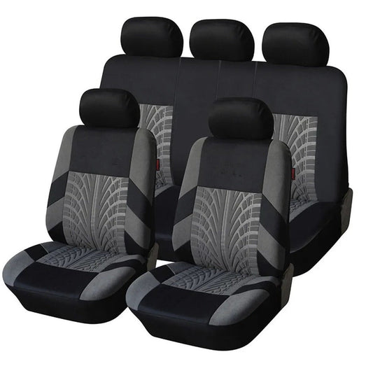 Set of embroidered car seat covers, universal seat cover for most cars, with tire track motifs - GripCover™