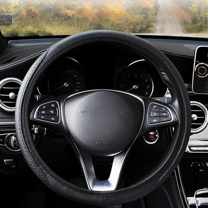 Black leather steering wheel cover, double elastic band - CarStyle™