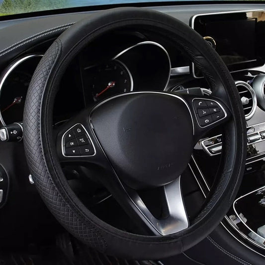Black leather steering wheel cover, double elastic band - CarStyle™