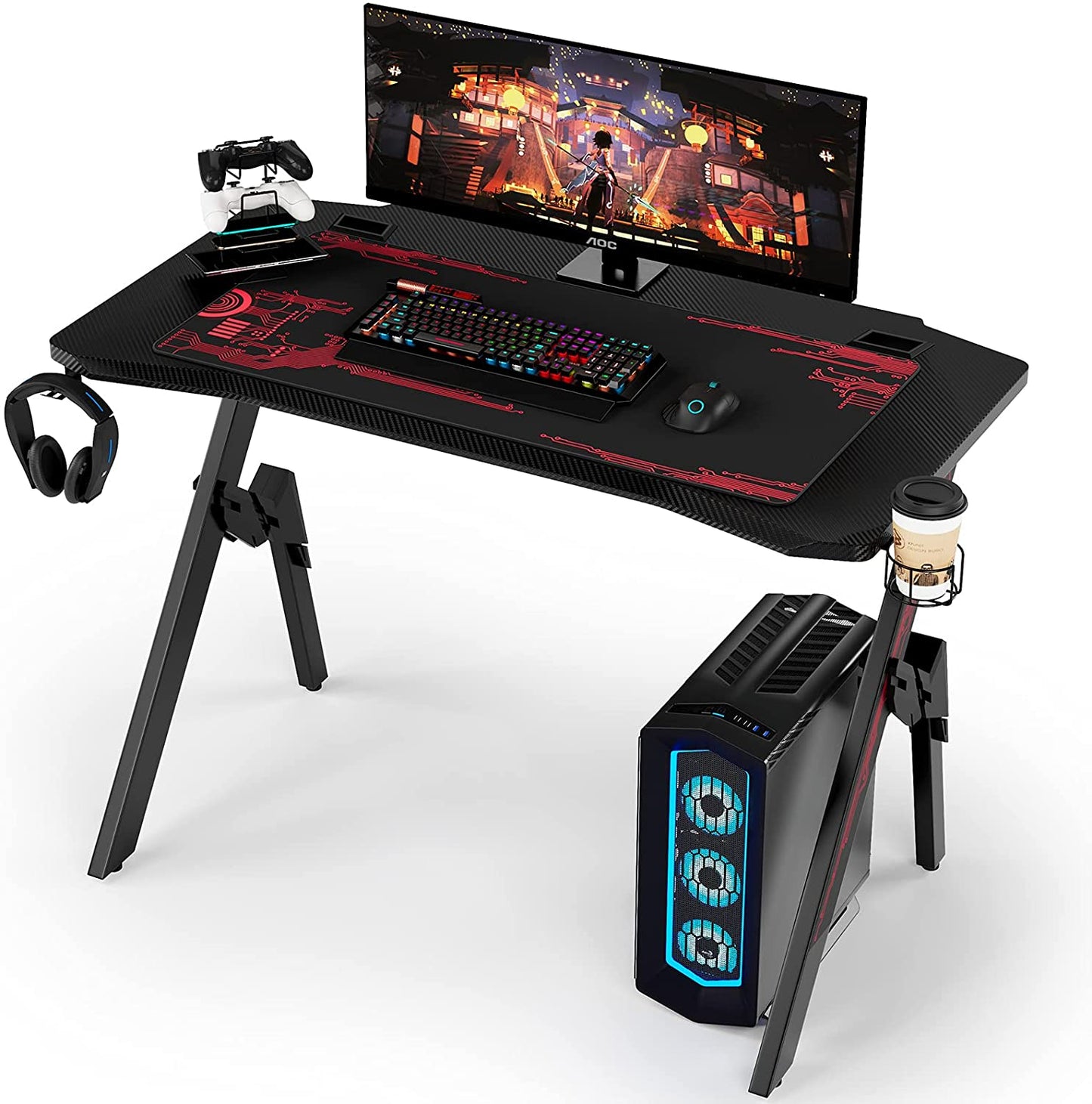 Table de Gaming ergonomique avec tapis, porte-gobelet & support casque - Homfa™