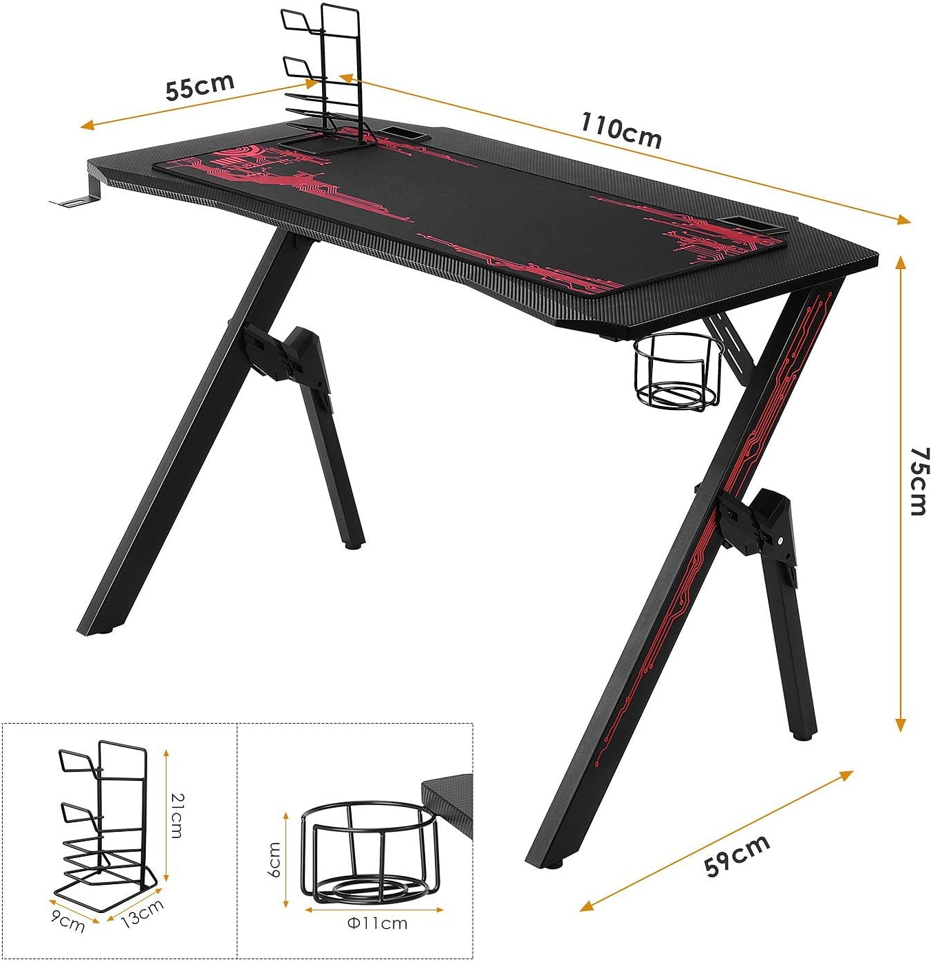 Table de Gaming ergonomique avec tapis, porte-gobelet & support casque - Homfa™