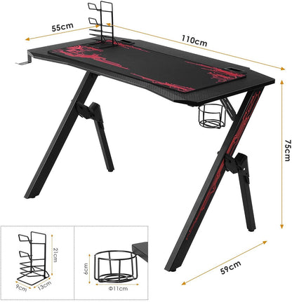 Table de Gaming ergonomique avec tapis, porte-gobelet & support casque - Homfa™