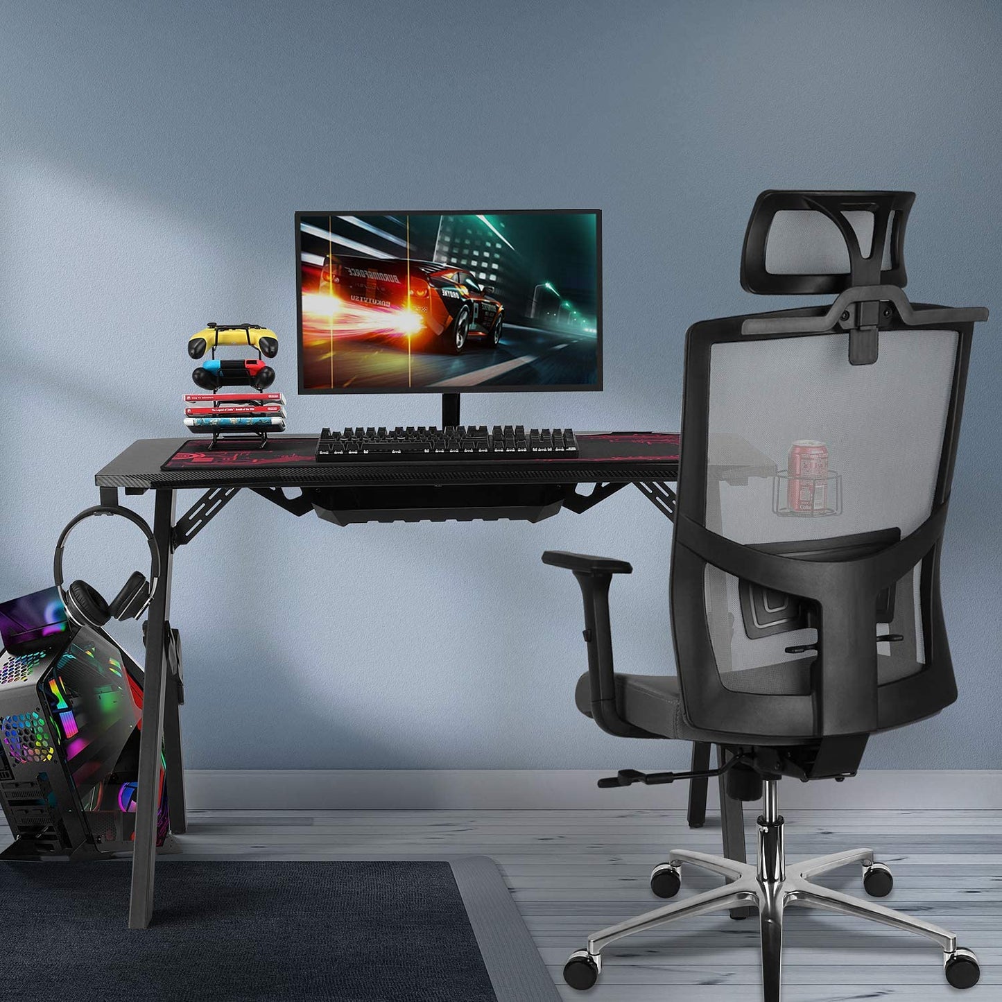 Table de Gaming ergonomique avec tapis, porte-gobelet & support casque - Homfa™