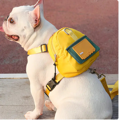 Chien adorable portant avec élégance le DoggyBackpack™ jaune, un accessoire pratique pour les sorties.