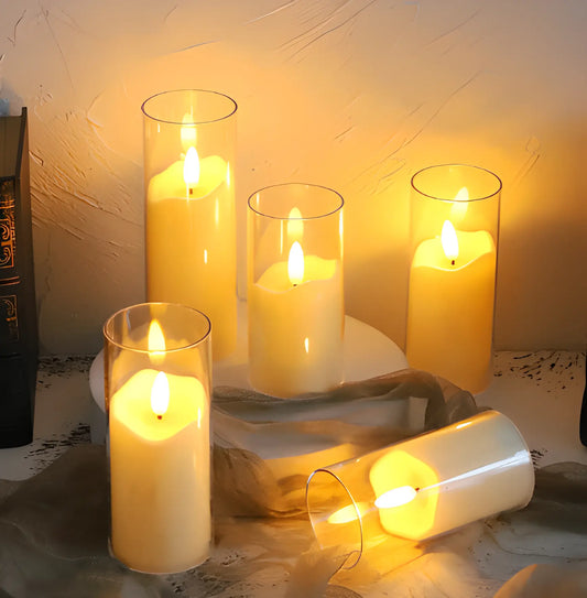 Bougie LED SafeFlame™ sur une table de dîner familial, créant une atmosphère cosy et sécurisée